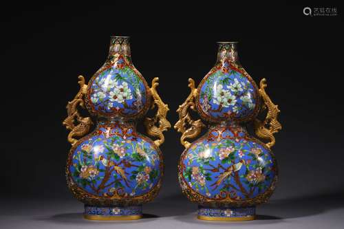 A Pair Of Bronze Enamel Phoenix-Eared Double Gourd-Shaped Va...