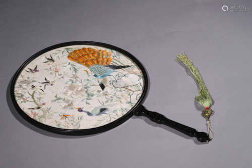 An Embroidered Flowers And Birds Round Fan