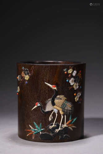 A Gems Inlaid Sandalwood Brush Pot