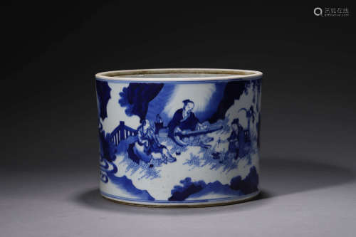 A Blue And White Figure Brush Pot