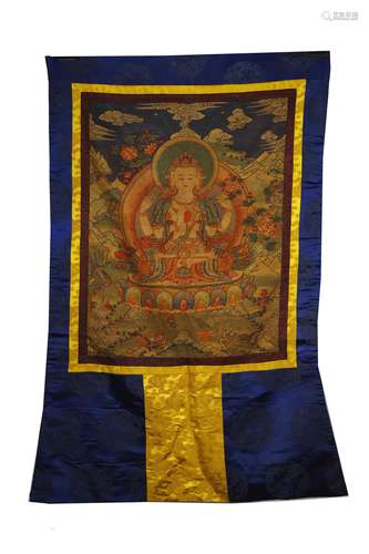 A Bead-Stitch And Embroidered Thangka Of Four-Arm Avalokites...