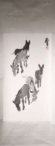 A Chinese Donkey Group Painting, Huang Zhou Mark