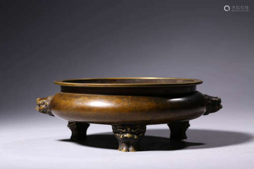 A Bronze Double-Eared Tripod Incense Burner