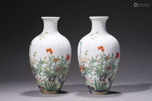 A Pair Of Famille Rose Flowers Globular Vases