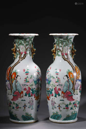A Pair Of Famille Rose Figures Double-Eared Vases
