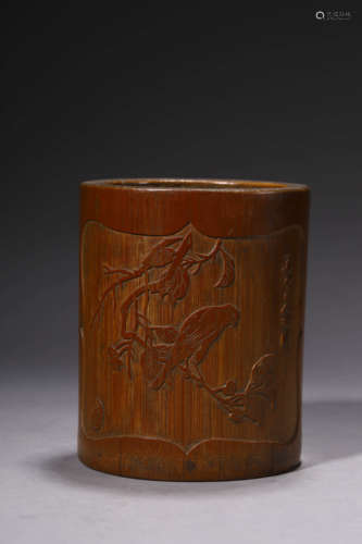 A Carved Bamboo Root Birds And Flowers Brush Pot