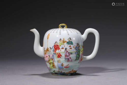 A Famille Rose Figure Inscribed Teapot