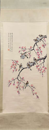 A Chinese Prunus And Sparrow Painting, Yu Feian Mark