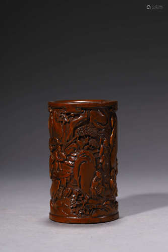 A Carved Boxwood Figure Brush Pot