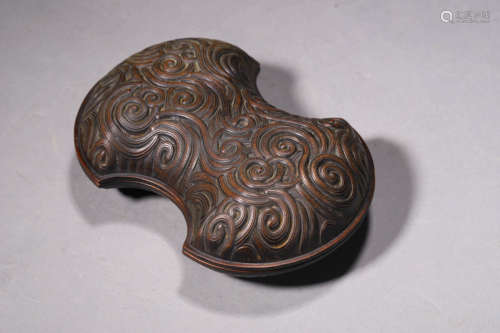 A Carved Sandalwood Ingot-Shaped Box And Cover