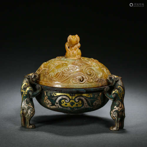 THREE-LEGGED BRONZE INCENSE BURNER WITH HETIAN JADE MADE LID...