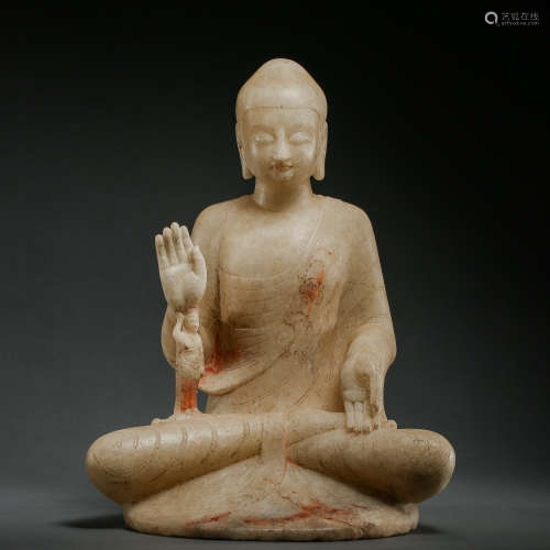 WHITE MARBLE CARVED SEATED BUDDHA, NORTHERN WEI DYNASTY OF C...