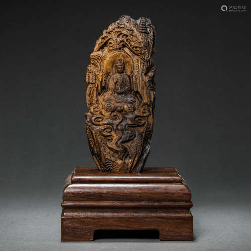 QING DYNASTY, CHINESE WOOD CARVED BUDDHA STATUE DECORATION