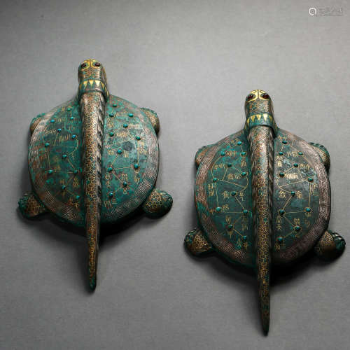 A PAIR OF BRONZE TORTOISE INLAID WITH SILVER, GOLD AND TURQU...