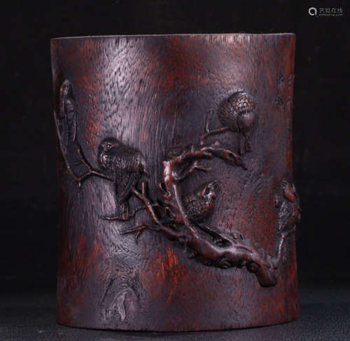 CHENXIANG WOOD BRUSH POT CARVED WITH BIRD