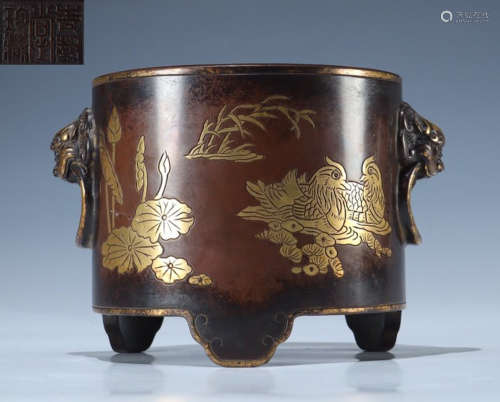 COPPER CENSER CARVED WITH DUCKS&LOTUS
