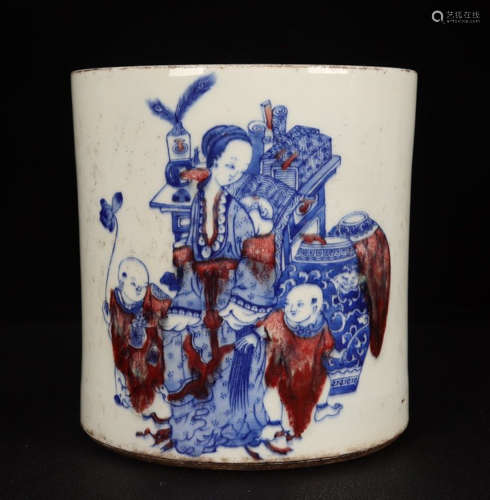 BLUE&RED GLAZE BRUSH POT PAINTED WITH STORY
