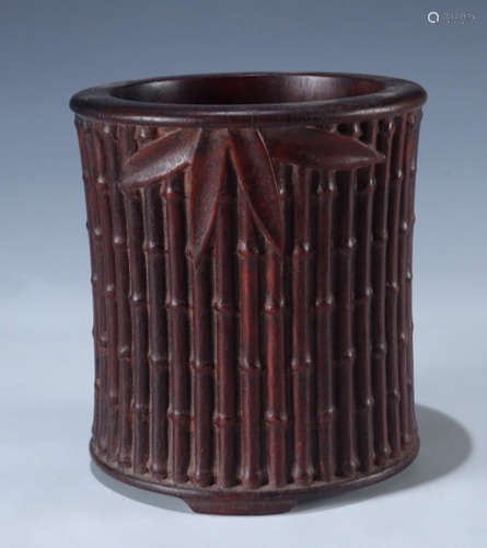 ZITAN WOOD BRUSH POT CARVED WITH BAMBOO