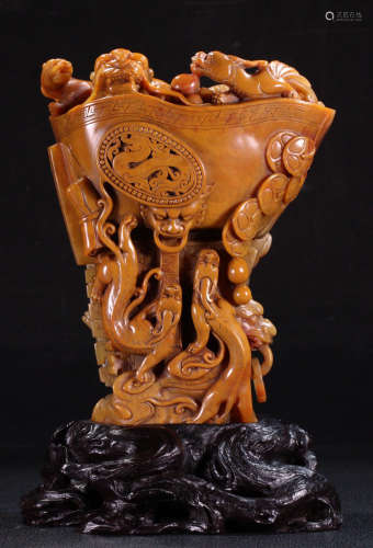 TIANHUANG STONE BRUSH POT CARVED WITH BEAST