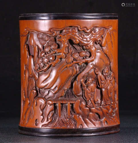 BAMBOO BRUSH POT CARVED WITH STORY