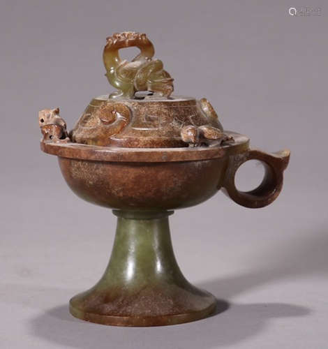 ANTIQUE JADE CENSER CARVED WITH BEAST