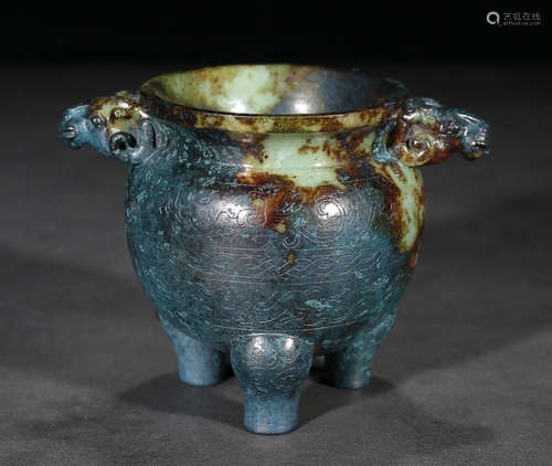 ANTIQUE JADE CENSER WITH BEAST EARS