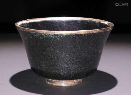 BLACK JADE BOWL WRAPPED WITH GILT SILVER