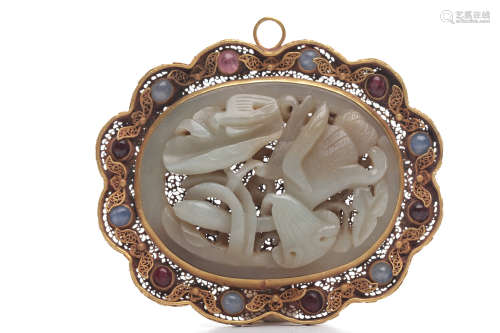 Chinese Jade Plaque On Silver Wiring Pendant