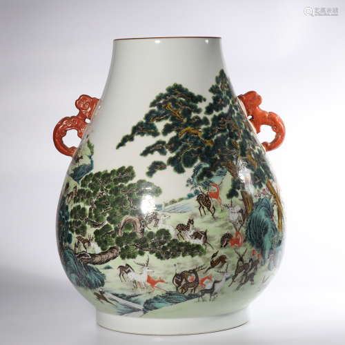 Chinese Famille Rose Deer Porcelain Zun Vase