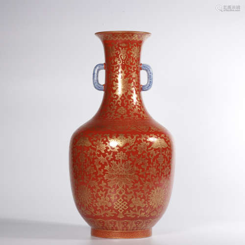 Chinese Gilt Coral Glazed Porcelain Vase