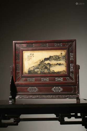 chinese mahogany table screen inlaid marble stone