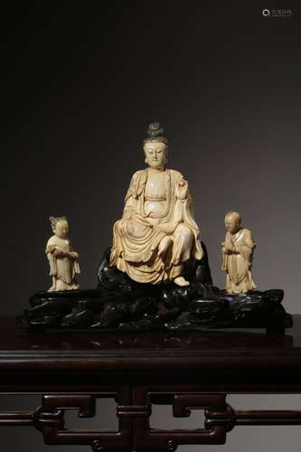 chinese shoushan stone guanyin and boy (with red sandalwood ...