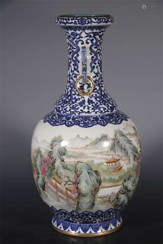 PASTEL BLUE AND WHITE DOUBLE EAR VASE WITH LANDSCAPE PATTERN