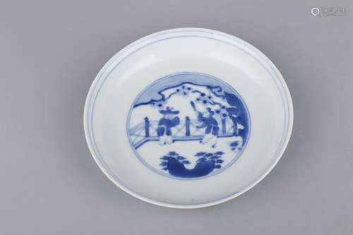 A BLUE AND WHITE CHARACTERED PLATE