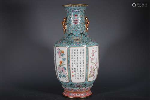 SIX SQUARE VASE WITH TWO EARS DECORATED WITH JADE INSCRIPTIO...