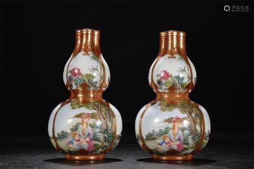 THREE TUBE GOURD BOTTLE AND ONE PAIR OF FLOWER PATTERNS WITH...