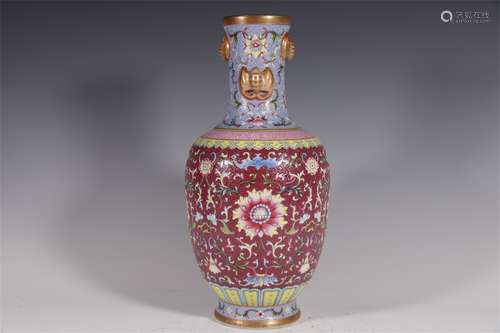 DOUBLE EAR GUANYIN VASE WITH CARMINE GLAZE AND FLOWER PATTER...