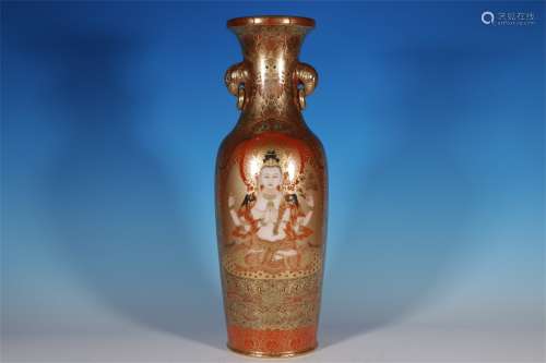 ALUM RED GLAZE WITH GOLD DEPICTION, WINDOW OPENING, GUANYIN ...