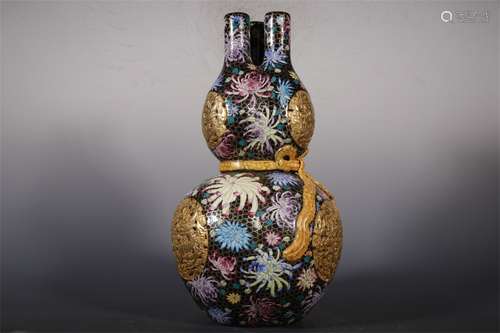 THREE HOLE GOURD BOTTLE WITH ENAMEL AND GOLD FLOWER CARVING ...