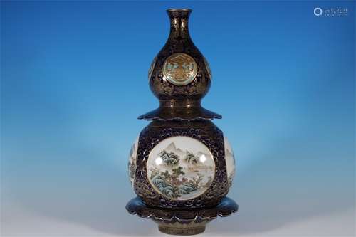 BLUE GROUND HOLLOWED OUT GOURD BOTTLE WITH LANDSCAPE PATTERN