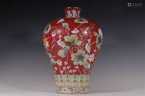 PLUM VASE WITH LOTUS PATTERN AND CARMINE GLAZE