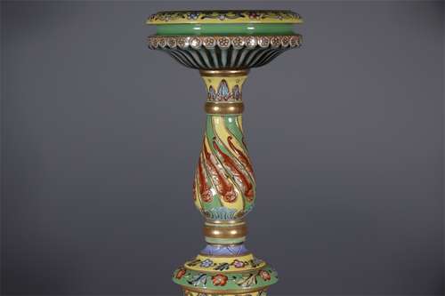 THREE LEG WAX CANDLESTICK WITH ENAMEL FLOWER PATTERN