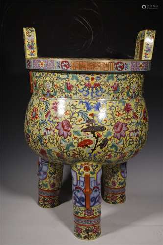 THREE LEGGED STOVE DECORATED WITH YELLOW GROUND PINK LOTUS