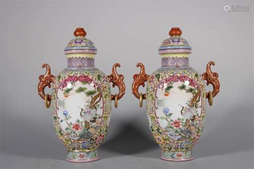 A PAIR OF FAMILLE ROSE WENSA DOUBLE EAR BOTTLES WITH WINDOWS