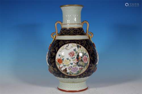 DOUBLE RUYI EAR BOTTLE WITH SHADOW BLUE GLAZE AND PINK COLOR...
