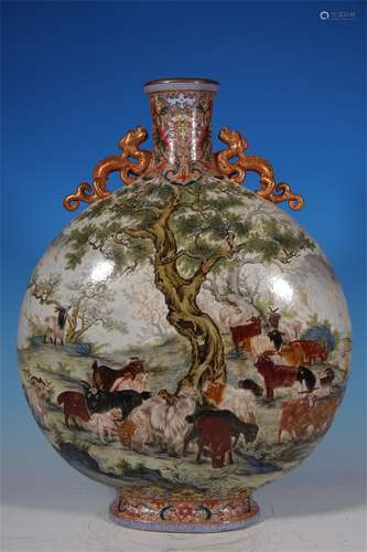 ENAMEL HUNDRED SHEEP PATTERN MOON HOLDING VASE