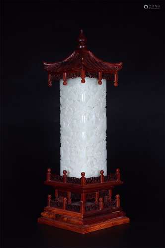 HETIAN JADE CARVING LANDSCAPE DECORATIVE INCENSE TUBE