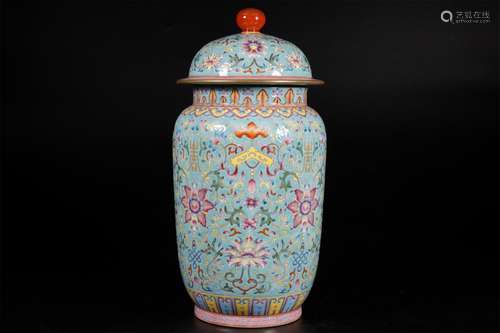 TURQUOISE GREEN GLAZE POWDER COLOR VASE WITH FLOWER PATTERN ...