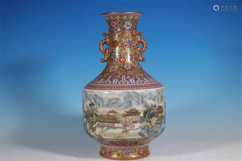 ENAMEL VASE WITH LANDSCAPE FLOWER PATTERN