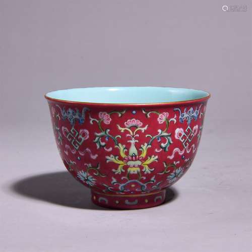 A RED GLAZED POWDER ENAMAL FLOWER CUP